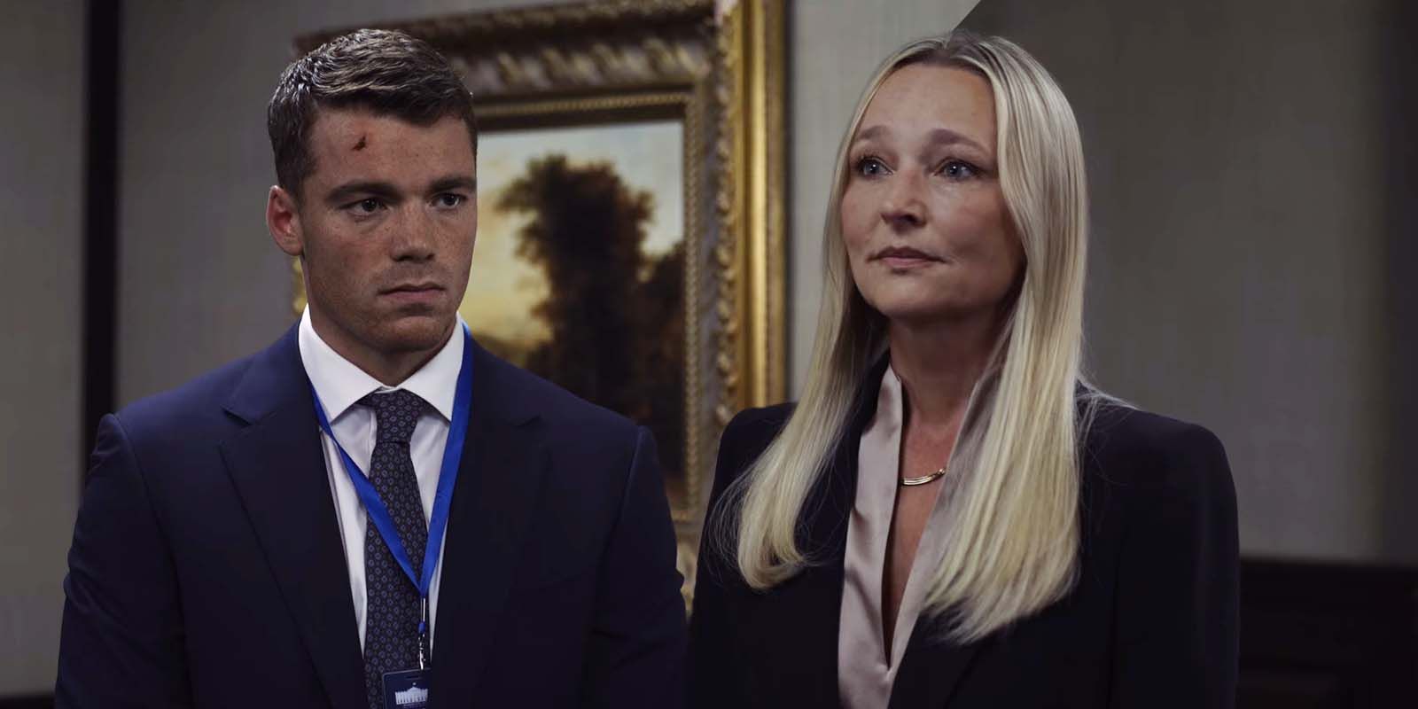 Gabriel Basso as Peter Sutherland and Kari Matchett as President Travers in The Night Agent season 1 episode 10