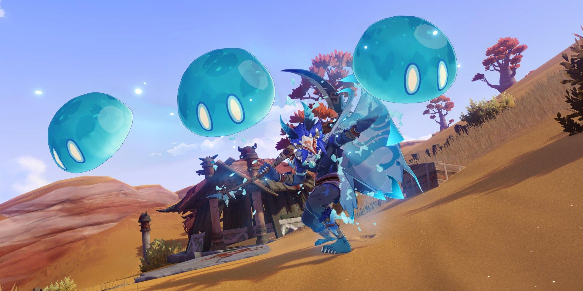 Genshin Impact's Hydro Hilichurl Rogue commands three Hydro Slimes to attack while it holds its scythe. It is in the Sumeru desert and there is a Hilichurl camp behind it.