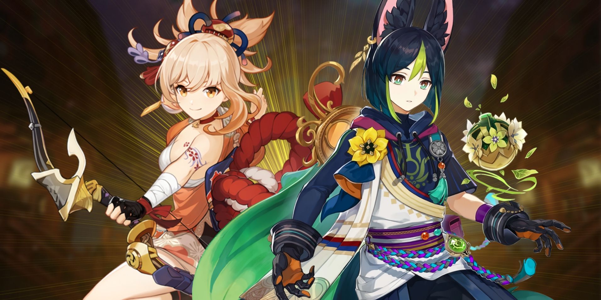 Genshin Impact&rsquo;s Yoimiya to the left and Tighnari to the right. Behind them is a yellow backlight.
