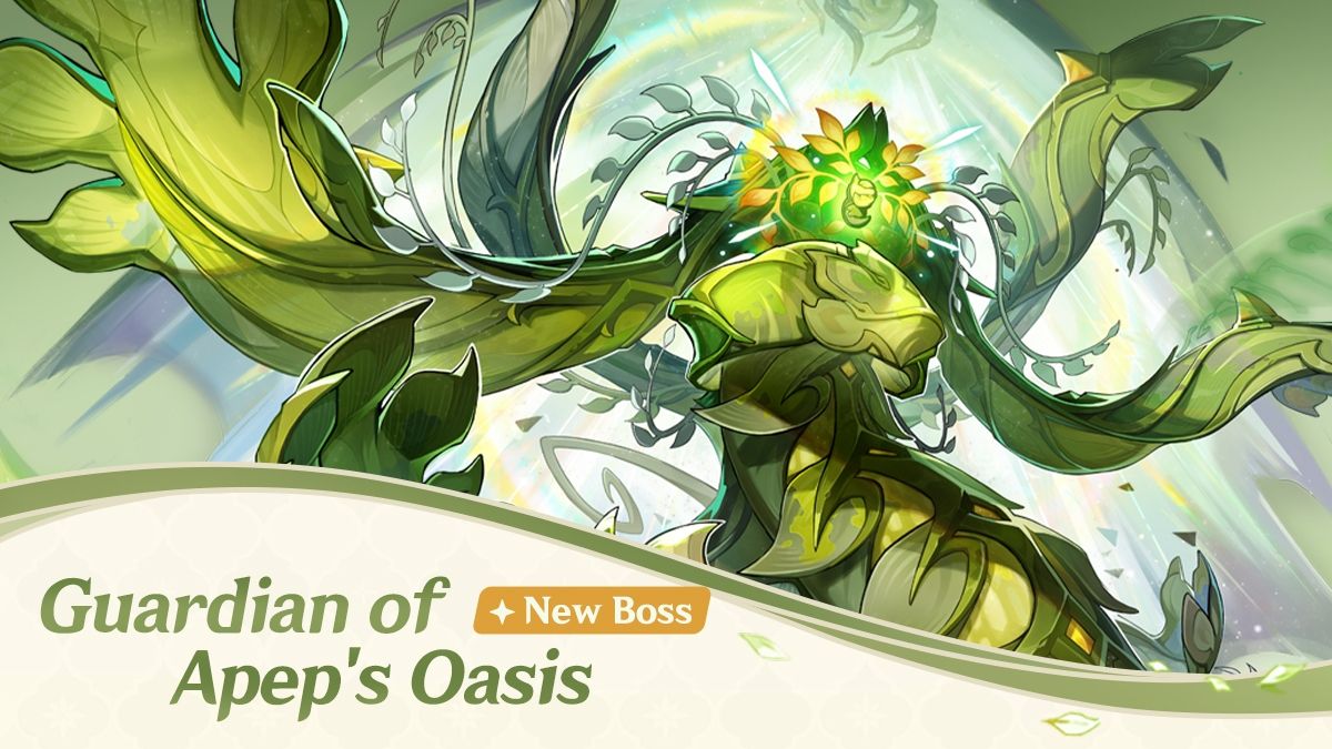 Genshin Impact&rsquo;s Guardian of Apep&rsquo;s Oasis opens its legs. On the bottom left corner of the image is the name of the boss, accompanied by the phrasing &ldquo;New Boss&rdquo;.