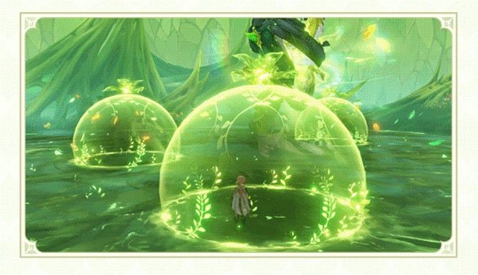 Genshin Impact&rsquo;s male Traveler is inside a Shield of Revival&rsquo;s Hymn, a light green bubble, to protect himself from Guardian of Apep&rsquo;s Oasis' Aftershock of the Apocalypse in Phase 3.