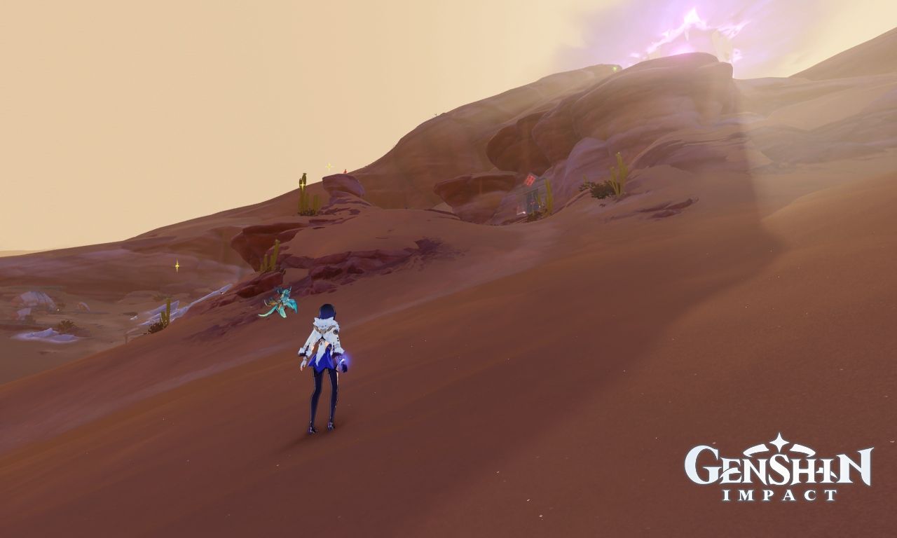 Genshin Impact's Yelan standing in the desert, looking toward the Molten Iron Fortress Domain in the distance. In the lower right is the Genshin Impact logo.