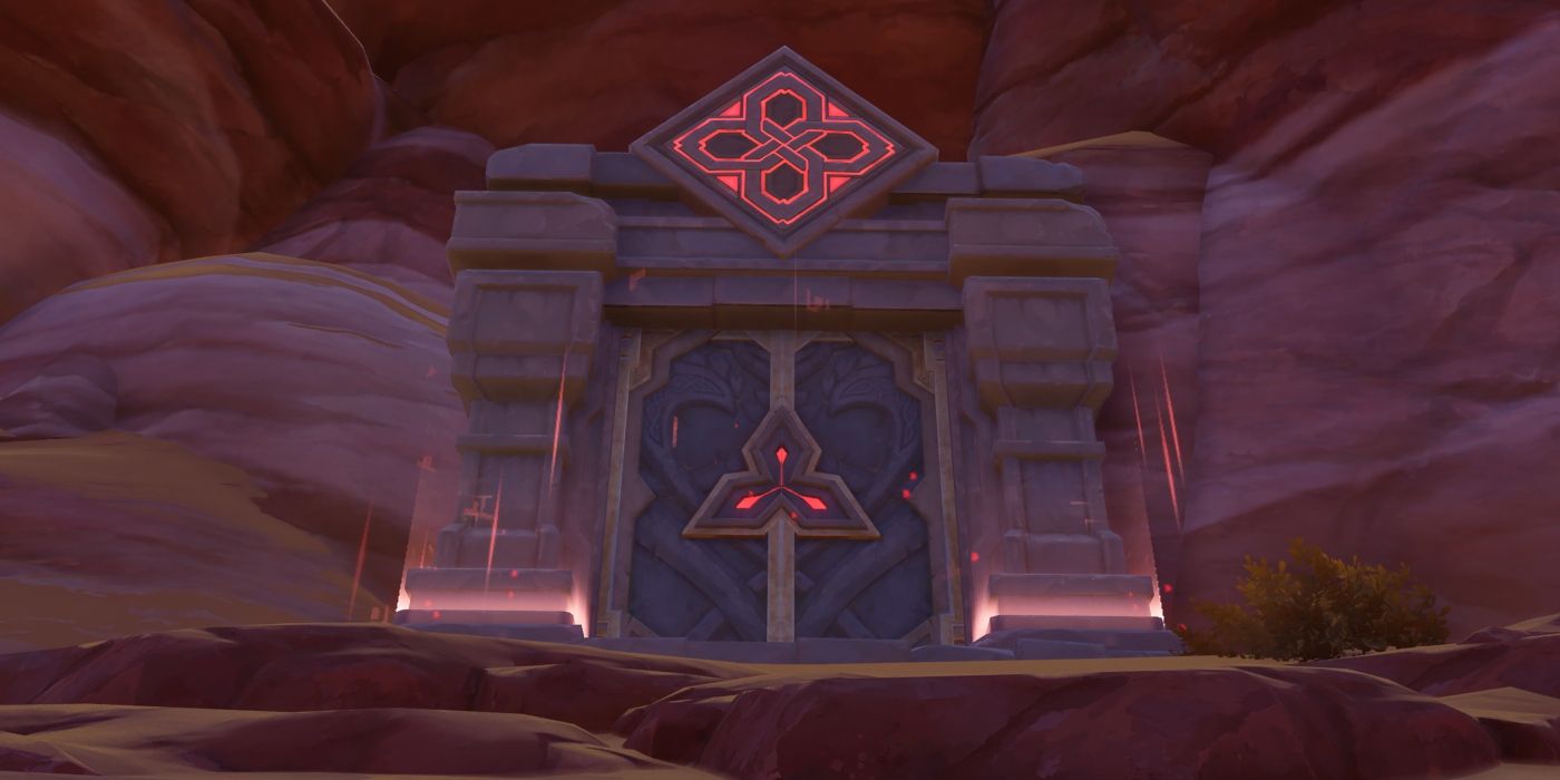 The locked doors of Genshin Impact's Cast Iron Fortress Domain. Shines with red lights, between stone walls in the desert.