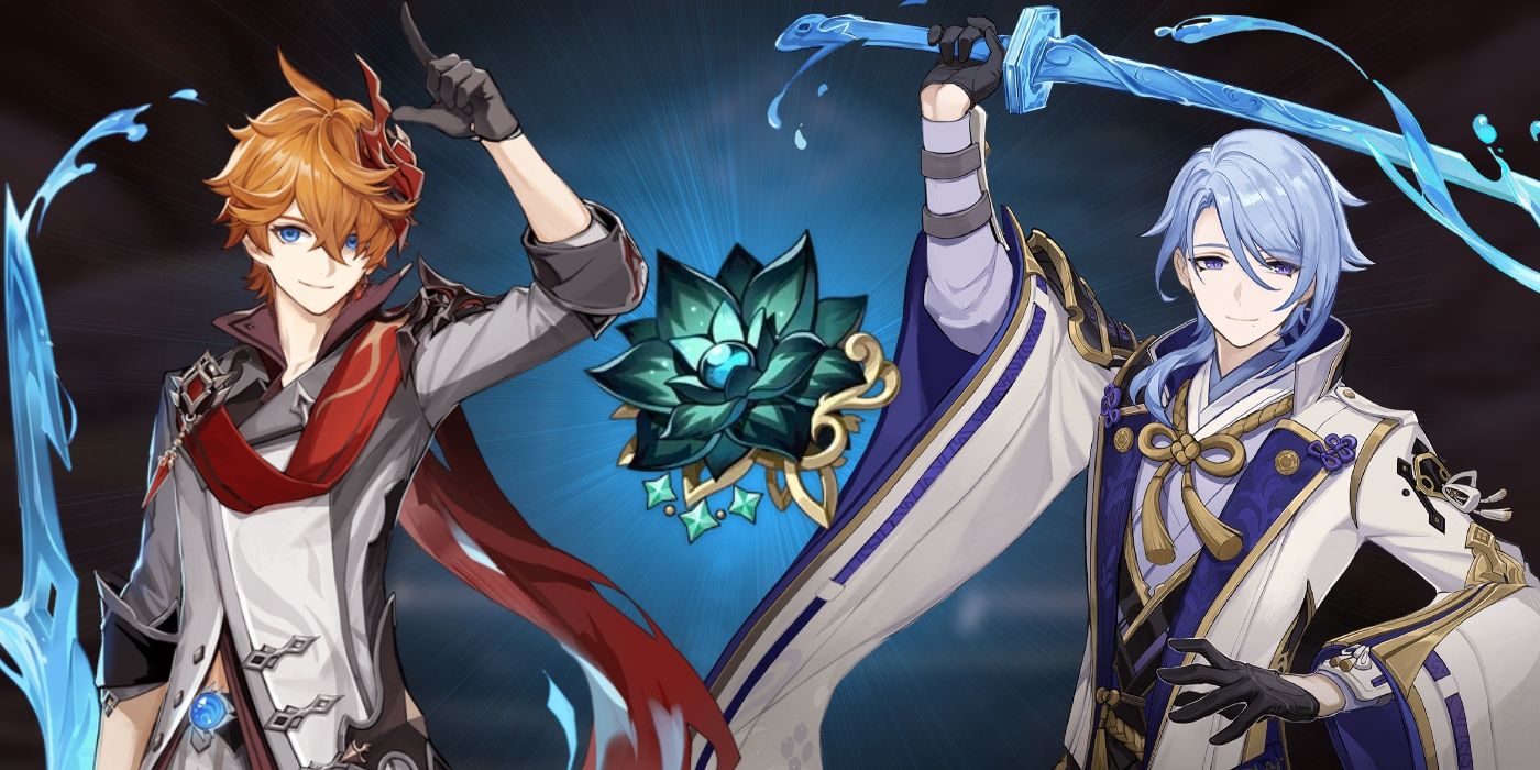 Genshin Impact's Tartaglia to the left and Ayato to the right. In the middle is the Nymph's Dream flower Artifact. Behind it is a blue backlight.