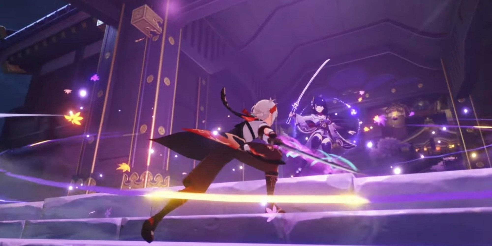 Genshin Impact’s Kazuha parry’s an attack from the Raiden Shogun.