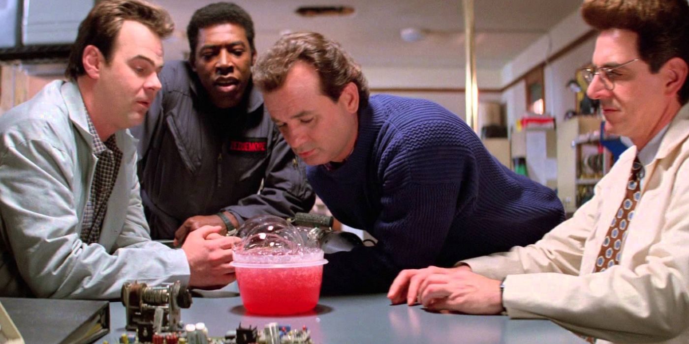 Screencap from Ghostbusters 2. Ray, Winston, Peter, and Egon yell at bubbling pink slime at the Ghostbusters Firehouse.