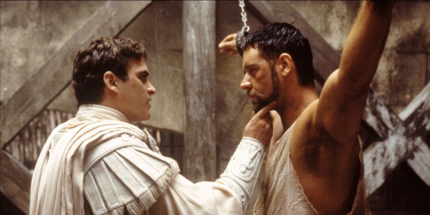 Joaquin Phoenix and Russell Crowe as Commodus and Maximus in chains in Gladiator 