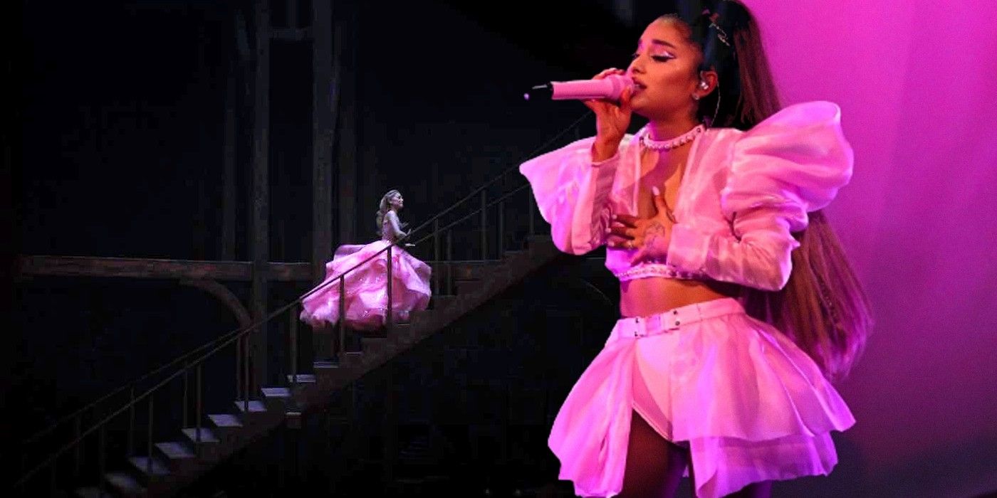 Glinda from Wicked Movie running up stairs superimposed with Ariana Grande performing at concert