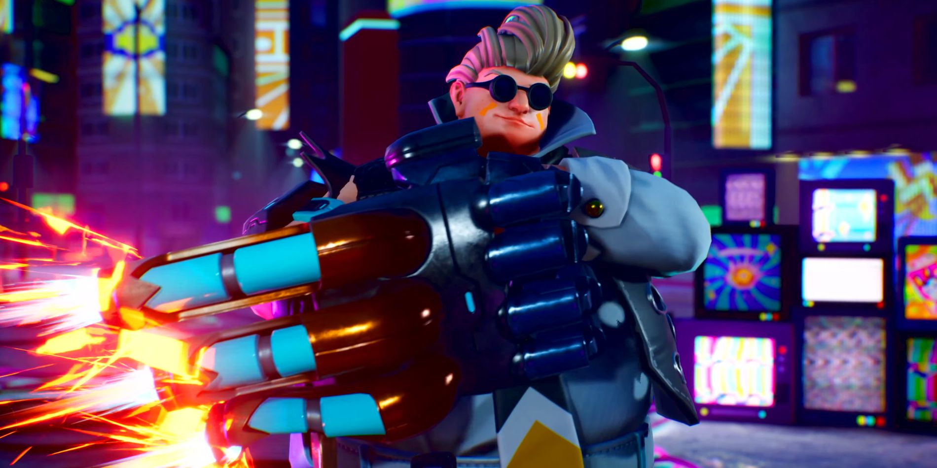 Rhythm fighter God of Rock character Johann posing in the middle of the screen with his large robotic fist currently shooting out flames, black sunglasses, and puffy brown hair with a futuristic city behind him.