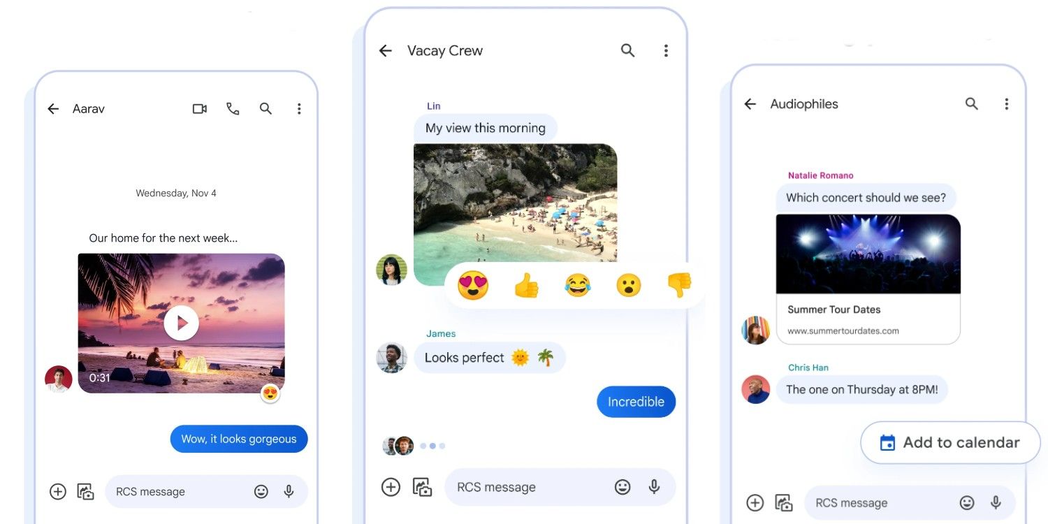 Three smartphone screenshots showing different Google Messages features