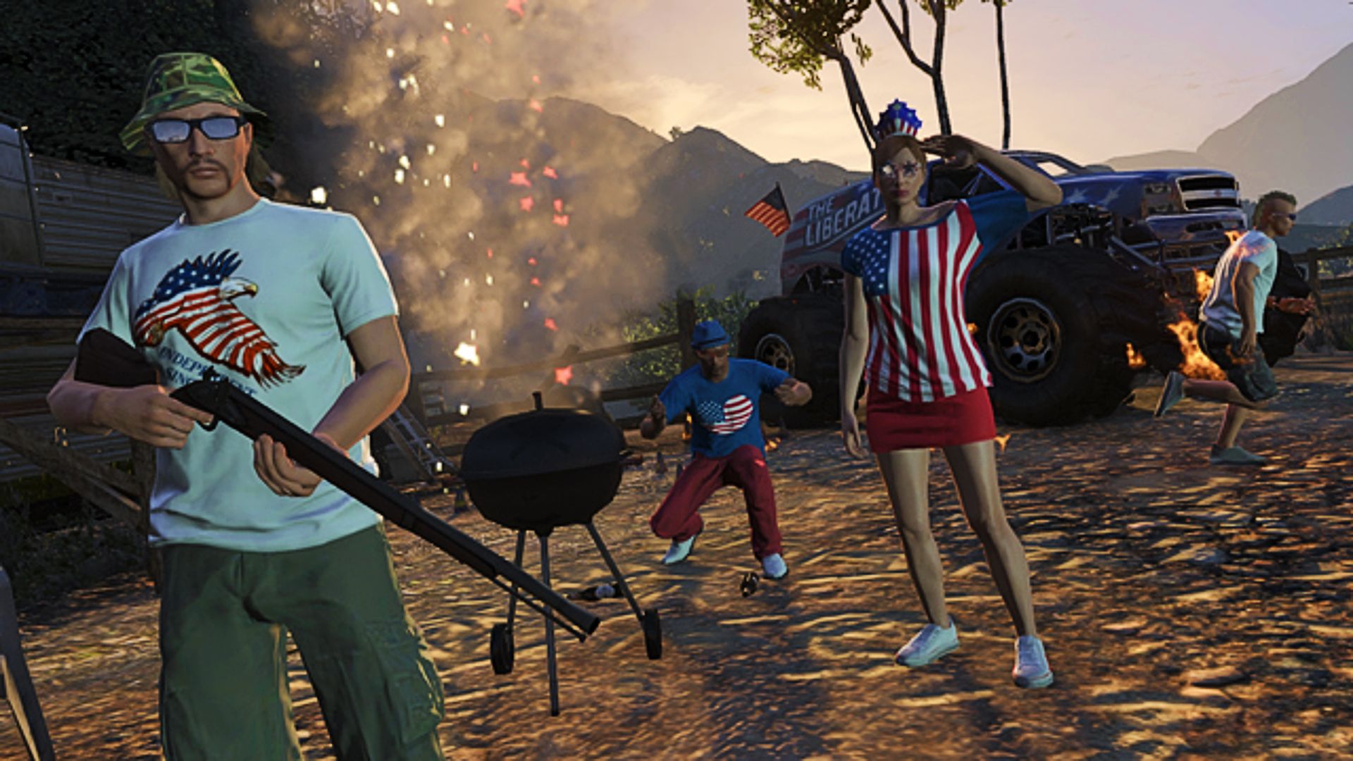 Grand Theft Auto Online Player Character Holding Musket And Celebrating Independence Day Near BBQ