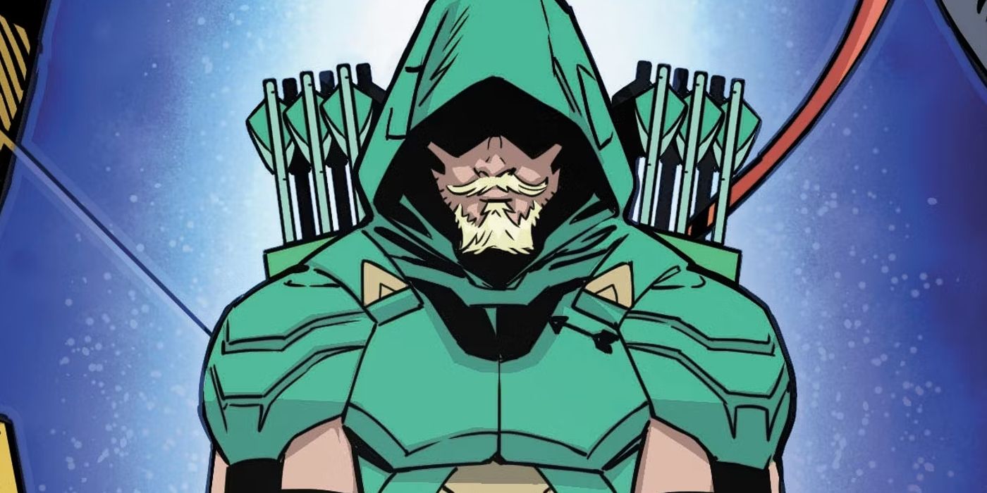 Close up of Green Arrow in his classic green armor, quiver of arrows on his back.