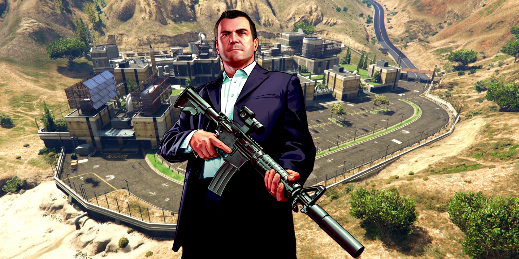 Michael De Santa from GTA 5 holding an assault rifle in front of a background showing the Humane Labs and Research complex.