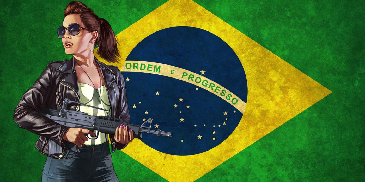 A female GTA character with an assault rifle standing against a Brazilian flag background