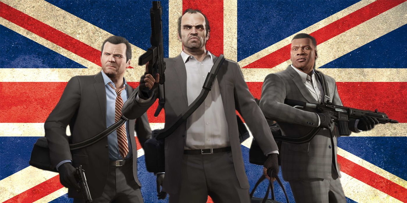 GTA 5's protagonists, Michael, Trevor, and Franklin wear grey suits and hold weapons and money bags in front of the Union Jack flag.
