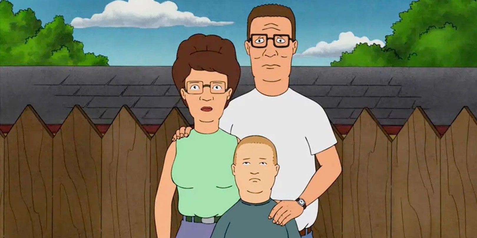 Hank, Peggy, and Bobby by the fence in King of the Hill