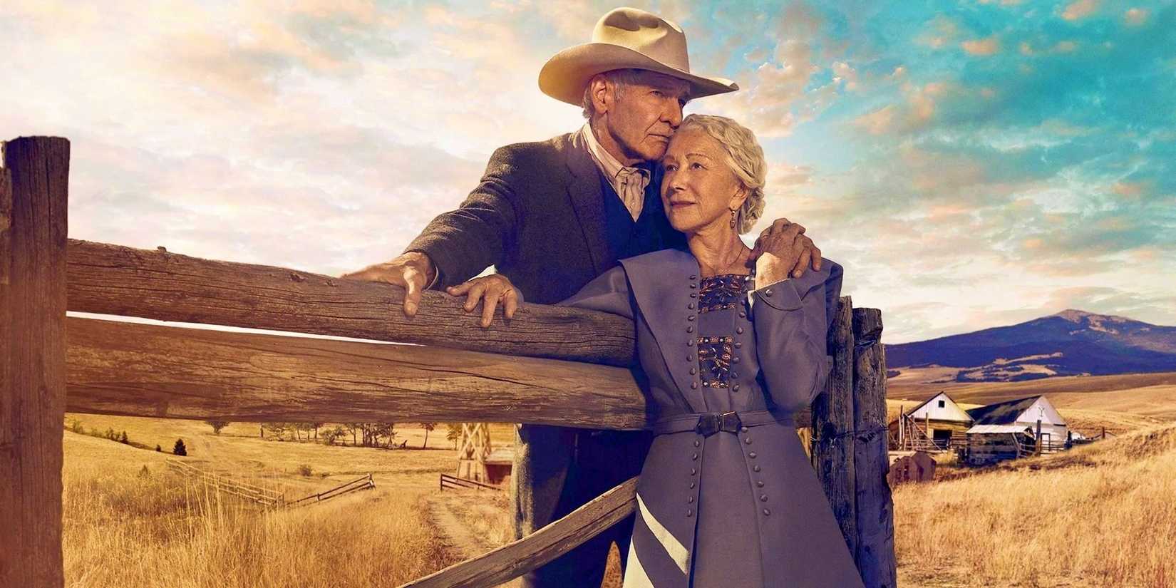 Harrison Ford and Helen Mirren as Jacob and Cara Dutton standing at a fence in 1923 season 1