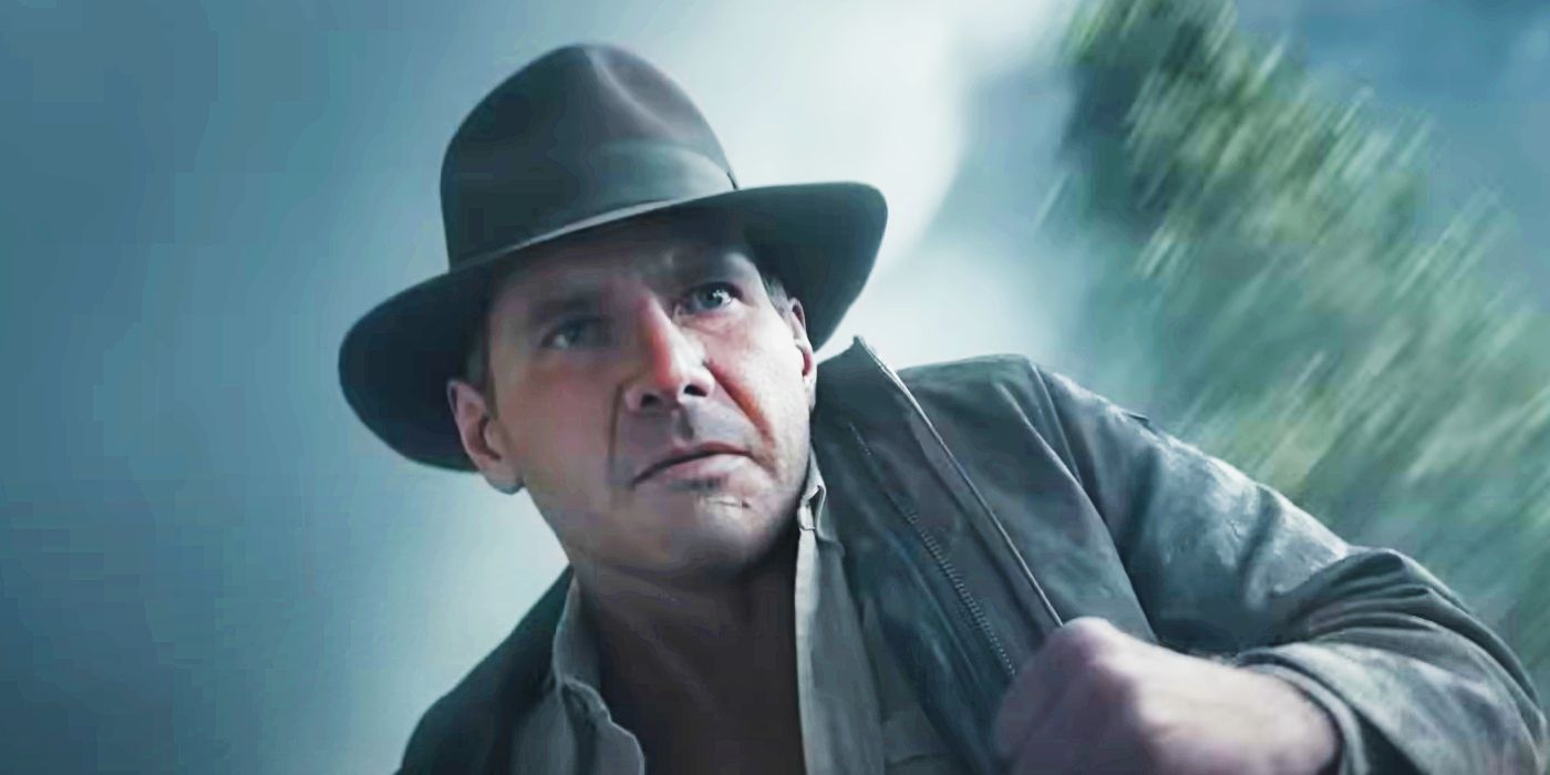 Harrison Ford as Indiana Jones falling in Indiana Jones and the Dial of Destiny