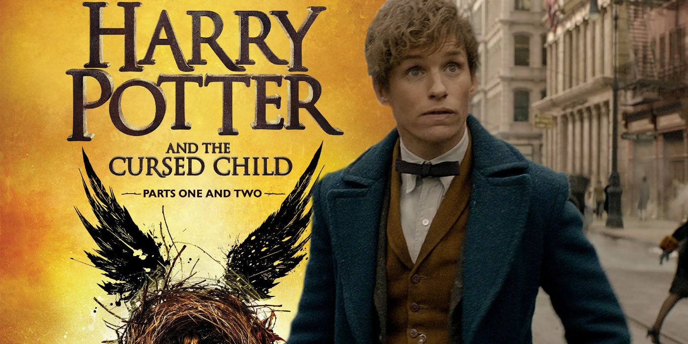 The logo for Harry Potter and the Cursed Child next to Eddie Redmayne as Newt Scamander 
