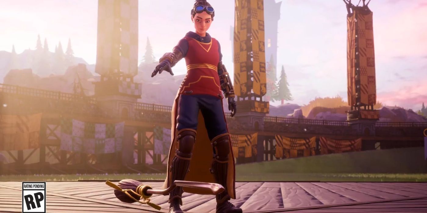 A female Quidditch player wearing a Gryffindor uniform holding her hand over a broom on the Quidditch pitch in Harry Potter: Quidditch Champions.
