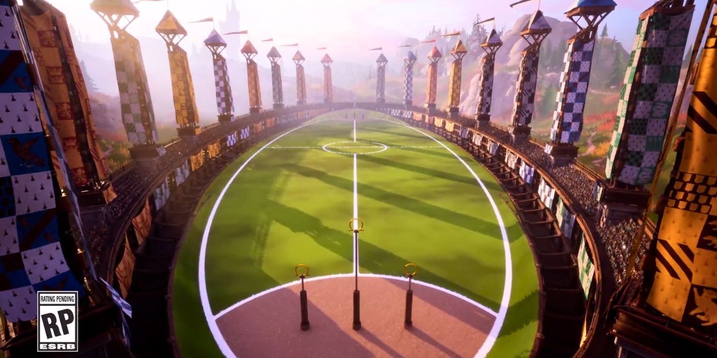 A birds-eye view of the Quidditch pitch on a sunny day in Harry Potter: Quidditch Champions.