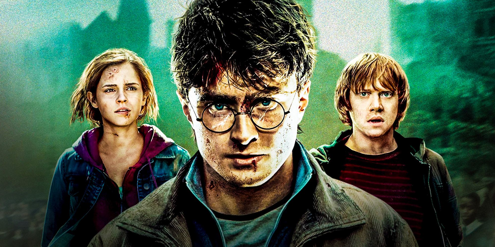 Harry Potter, Hermione Granger, and Ron Weasley feature in a promotional image for Deathly Hallows Part 2
