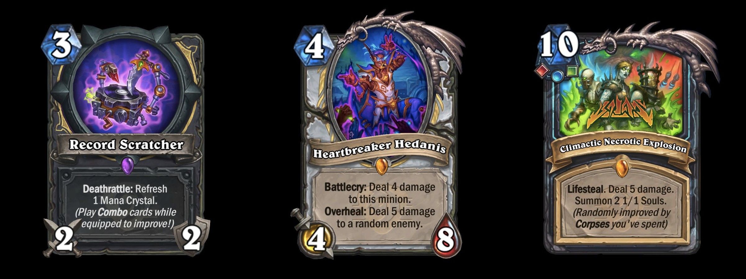 Hearthstone 26.0 cards Record Scratcher, Heartbreaker Hedanis, and Climactic Necrotic Explosion.