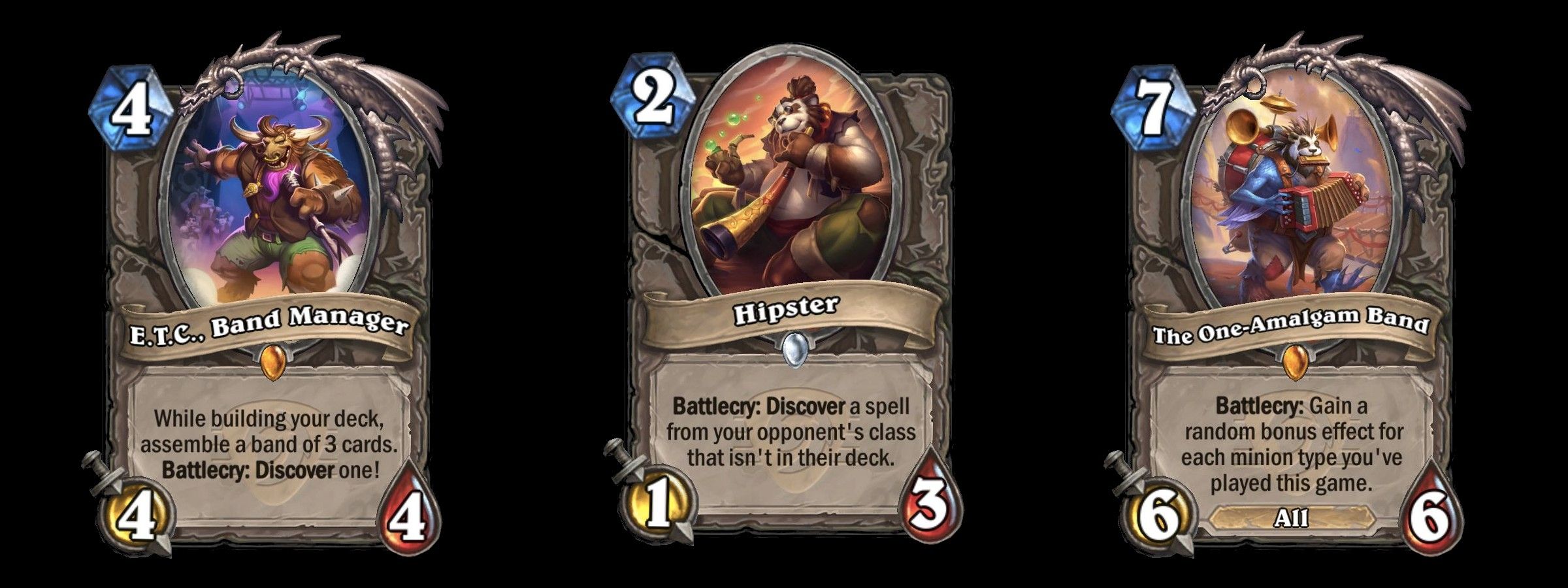 Hearthstone 26.0 Neutral cards ETC Band Manager, Hipster, and One-Amalgam Band.