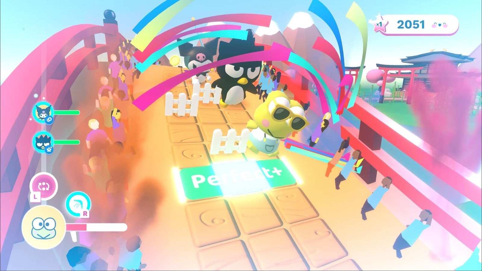 Kerokerokeroppi toma la delantera bailando en la captura de pantalla del Desfile de la Felicidad de Hello Kitty y sus Amigos