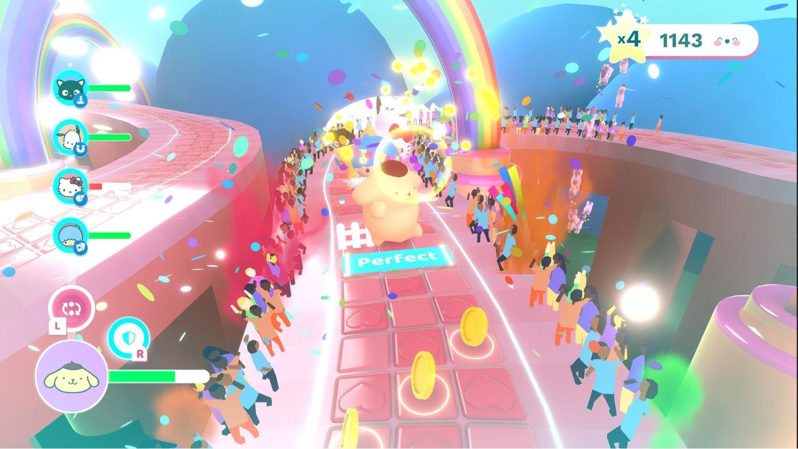 Captura de pantalla de Hello Kitty And Friends Happiness Parade con Pompompurin a la cabeza