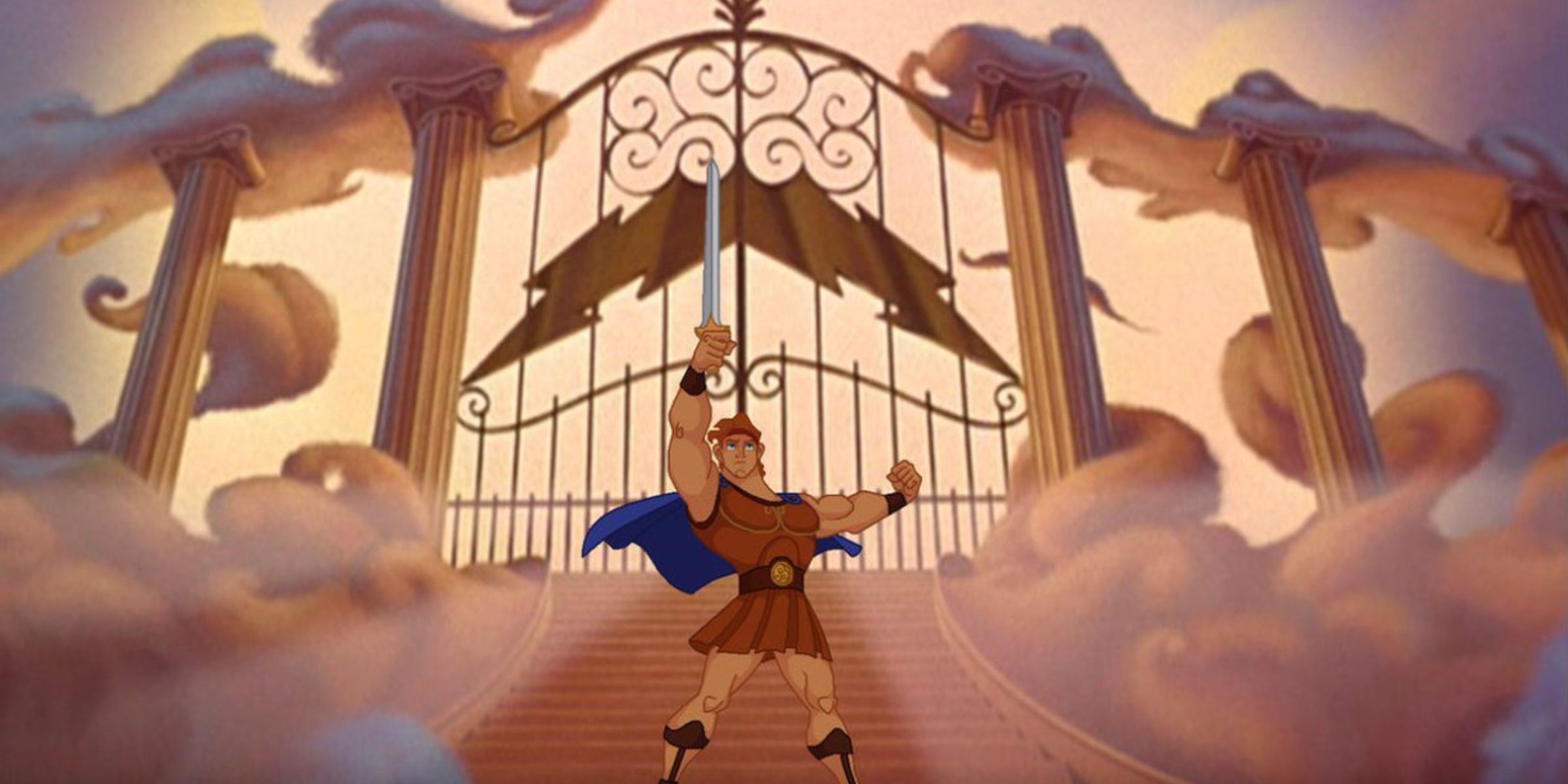 Hercules holds his sword up in front of the gates to Olympus in the Zero to Hero 1999 movie