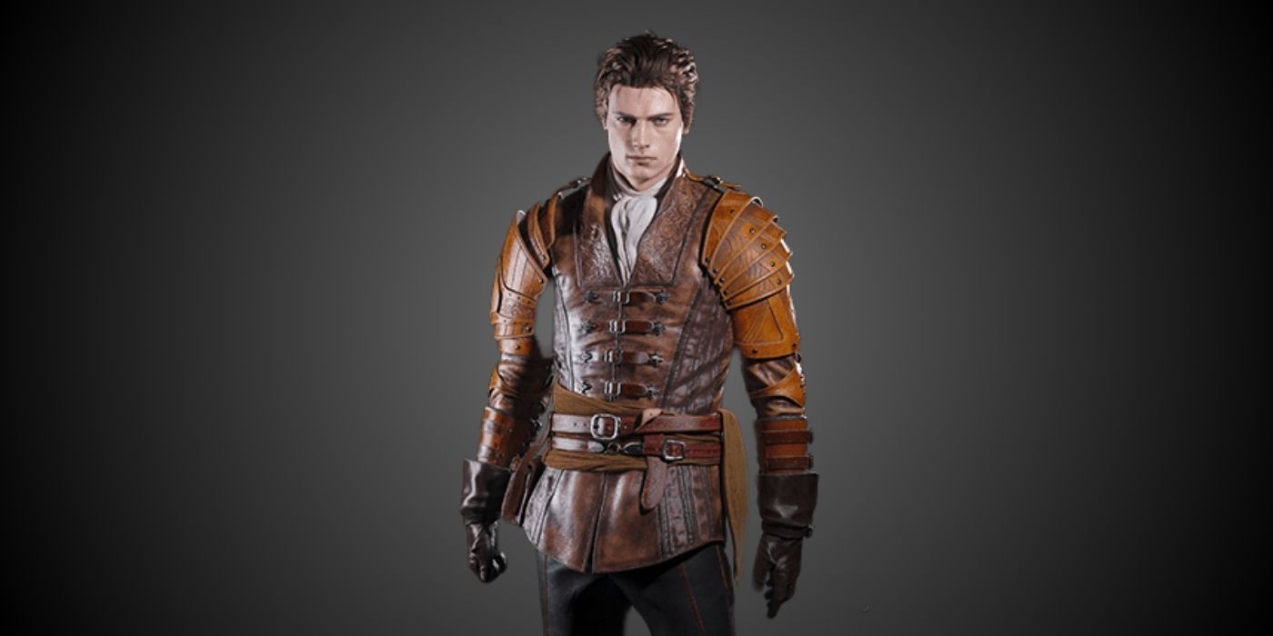 Leon Wearing his Hero costume in the RE4 remake against a black and grey gradient background.