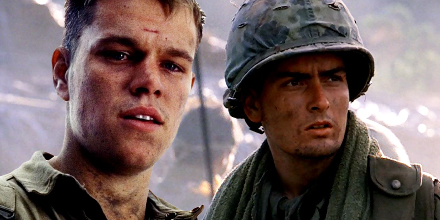Matt Damon from Saving Private Ryan stood next to Charlie Sheen from Platoon.