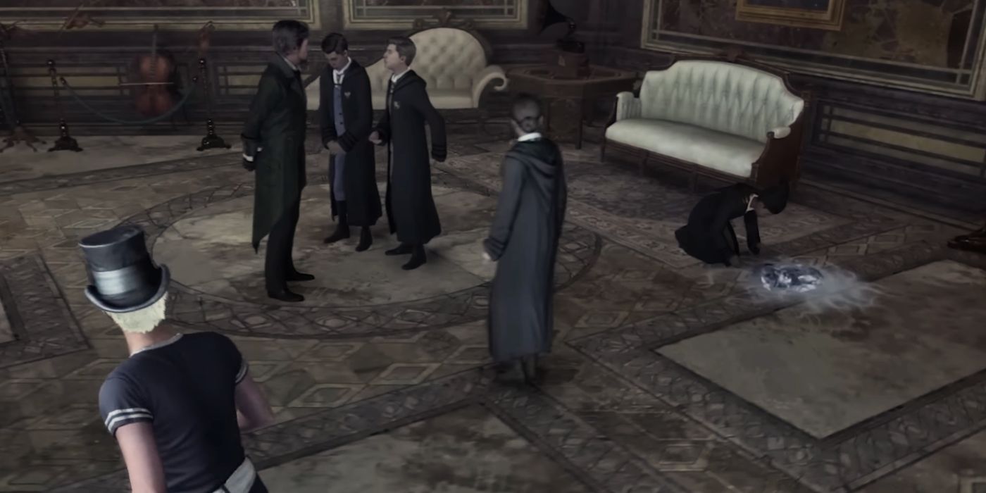 Un estudiante de Hogwarts Legacy pasa corriendo frente a una escena en la que el director Black está conversando con tres matones, y la víctima de los matones está arrodillada en el suelo donde su libro está congelado.