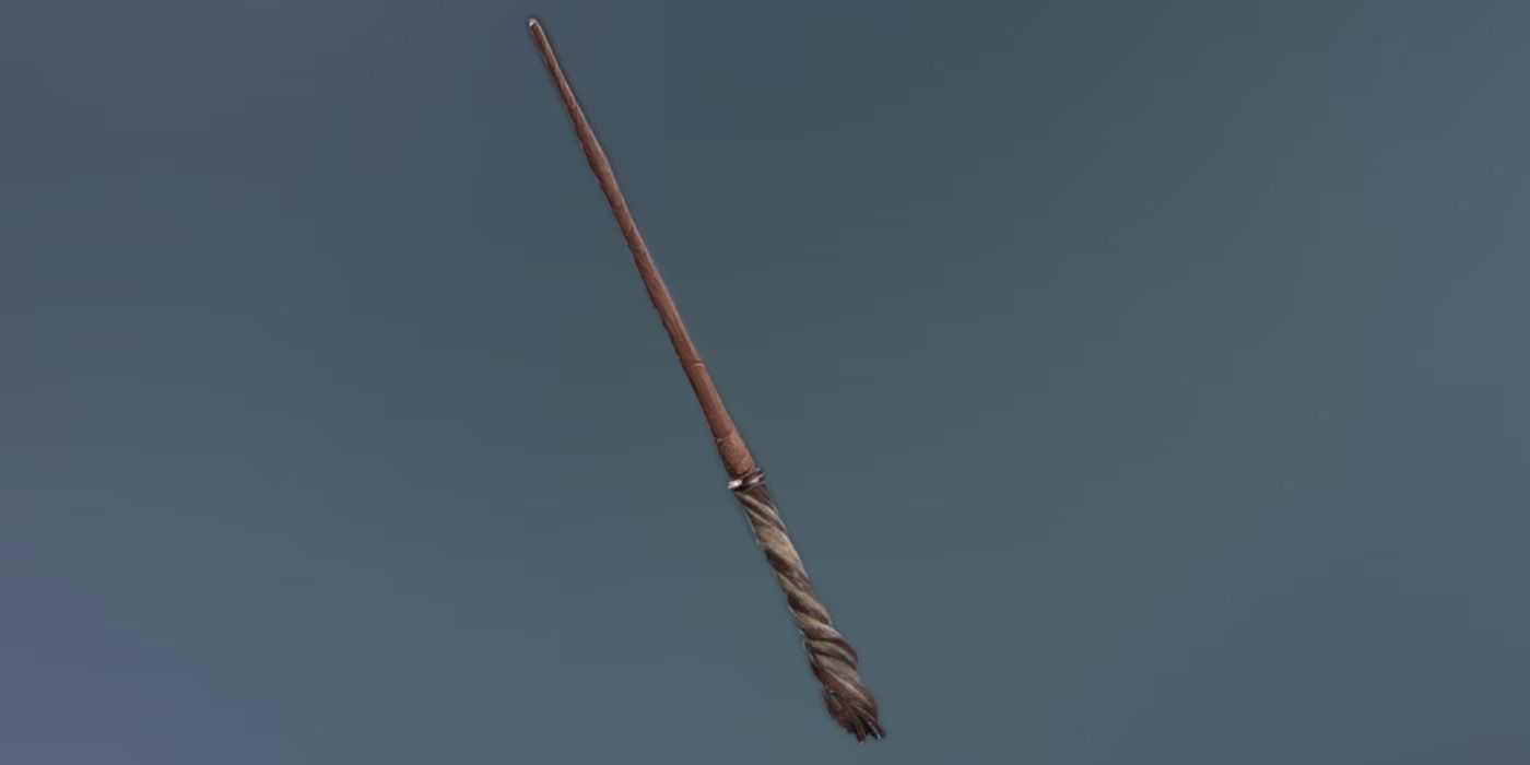 Render of a light and dark brown Corkscrew handle on a brown wand from Hogwarts Legacy