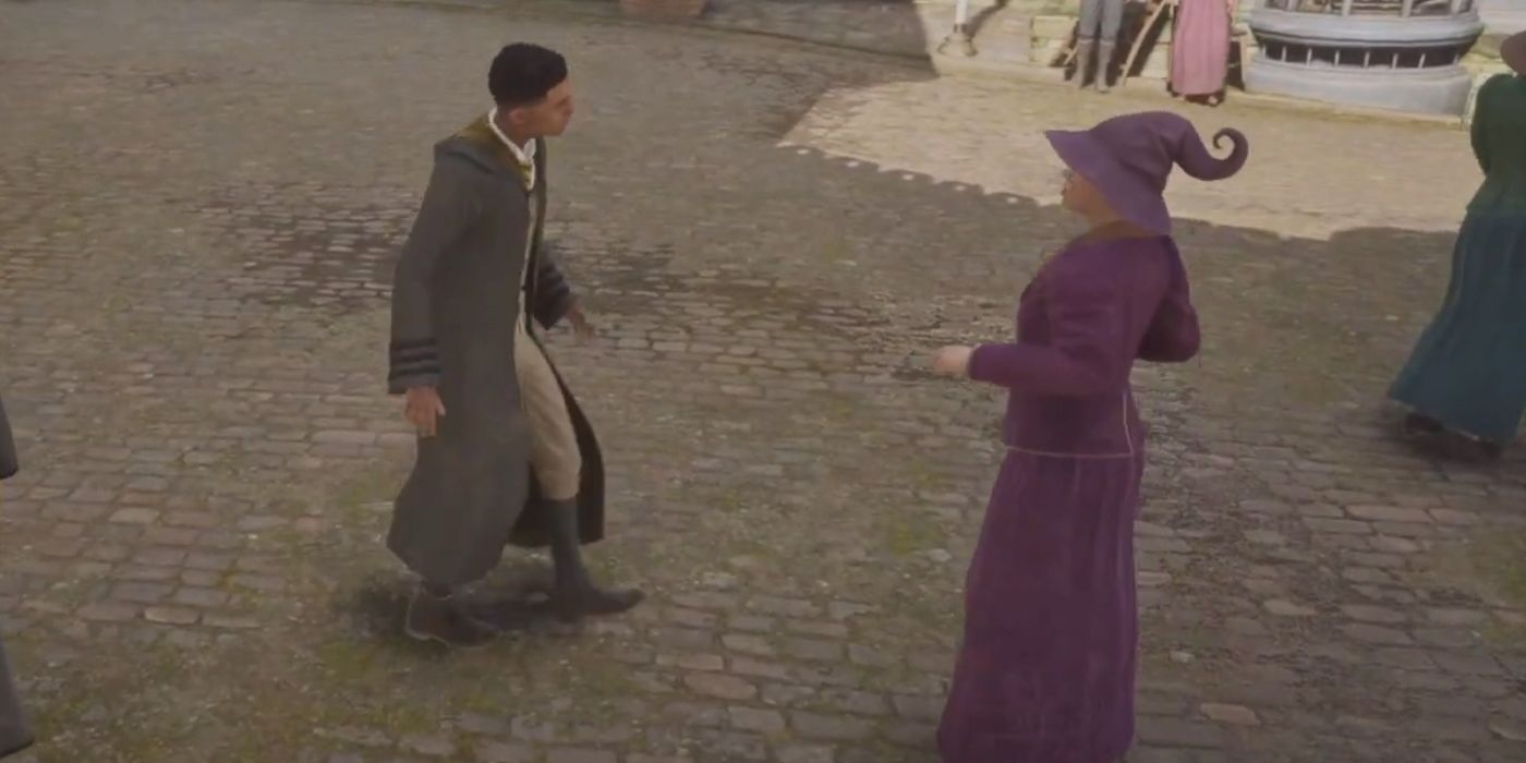 A Hufflepuff student dancing involuntarily talking to his mother in Hogwarts Legacy.