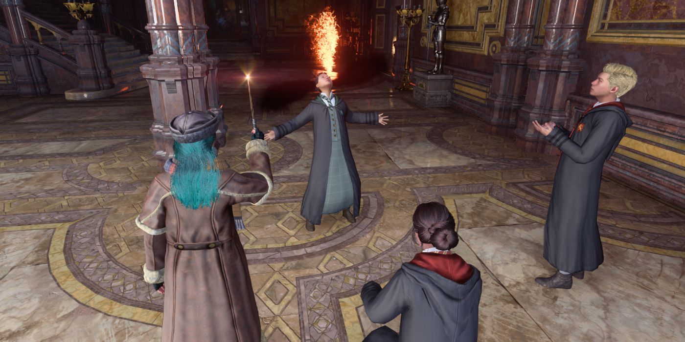 A student breathing fire out of their mouth as a group of students stand around clapping in Hogwarts Legacy.