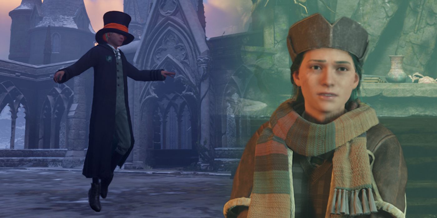 A student wearing a top hat and floating next to an image of a Hogwarts Legacy protagonist looking concerned.