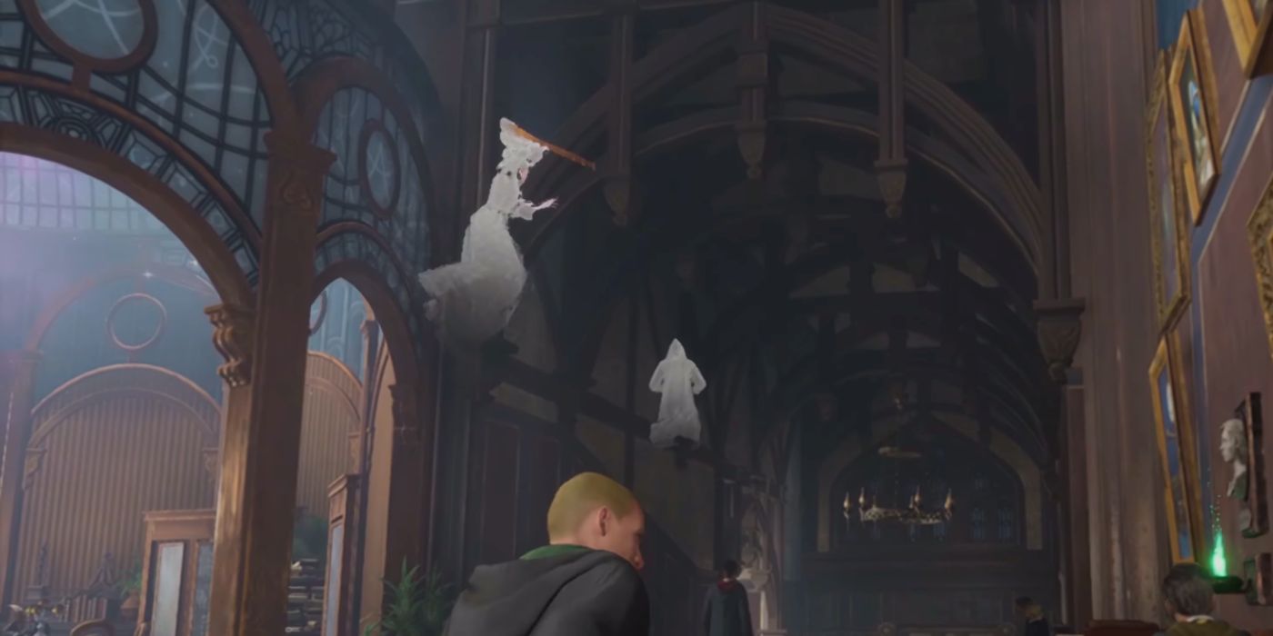 A female ghost chasing a male ghost with an axe in Hogwarts Legacy.