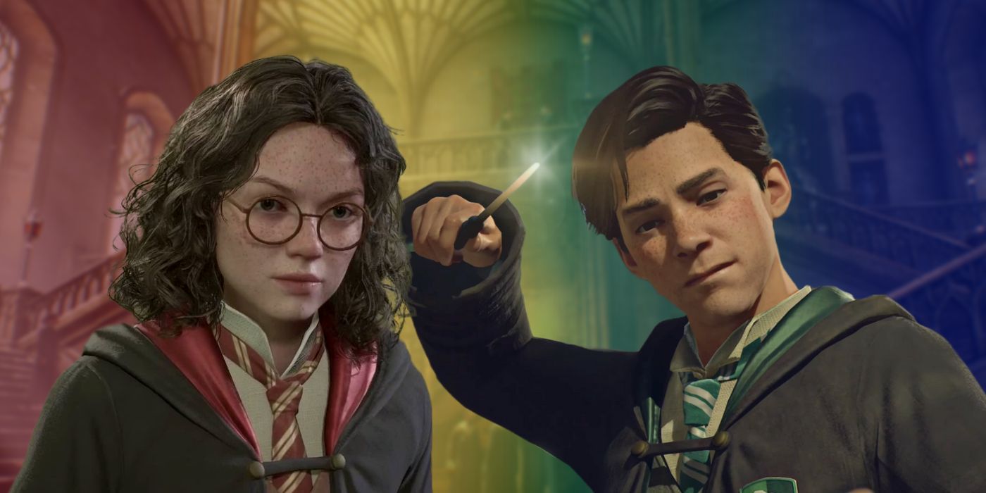 Cressedia Blume from Gryffindor and a Slytherin student raising his wand against a rainbow background of Hogwarts Legacy.