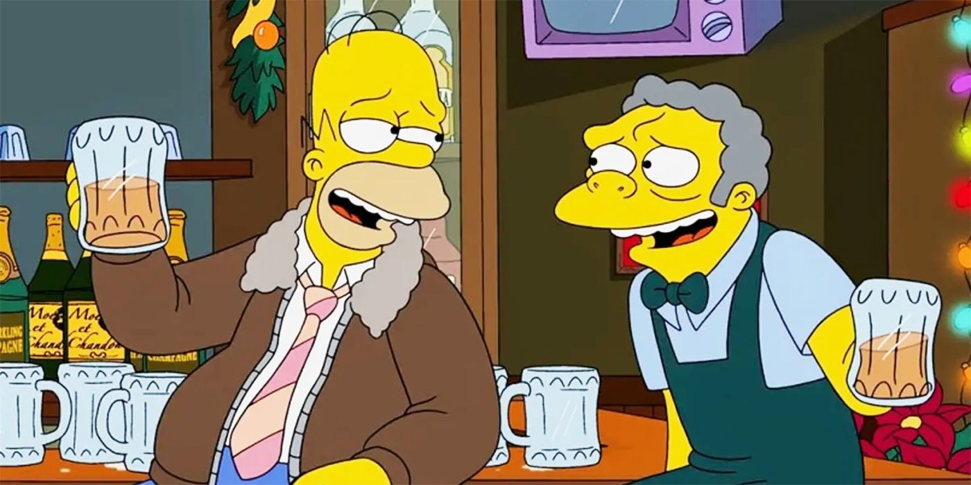 Homer and Moe enjoying a drink on The Simpsons in Moe's Tavern