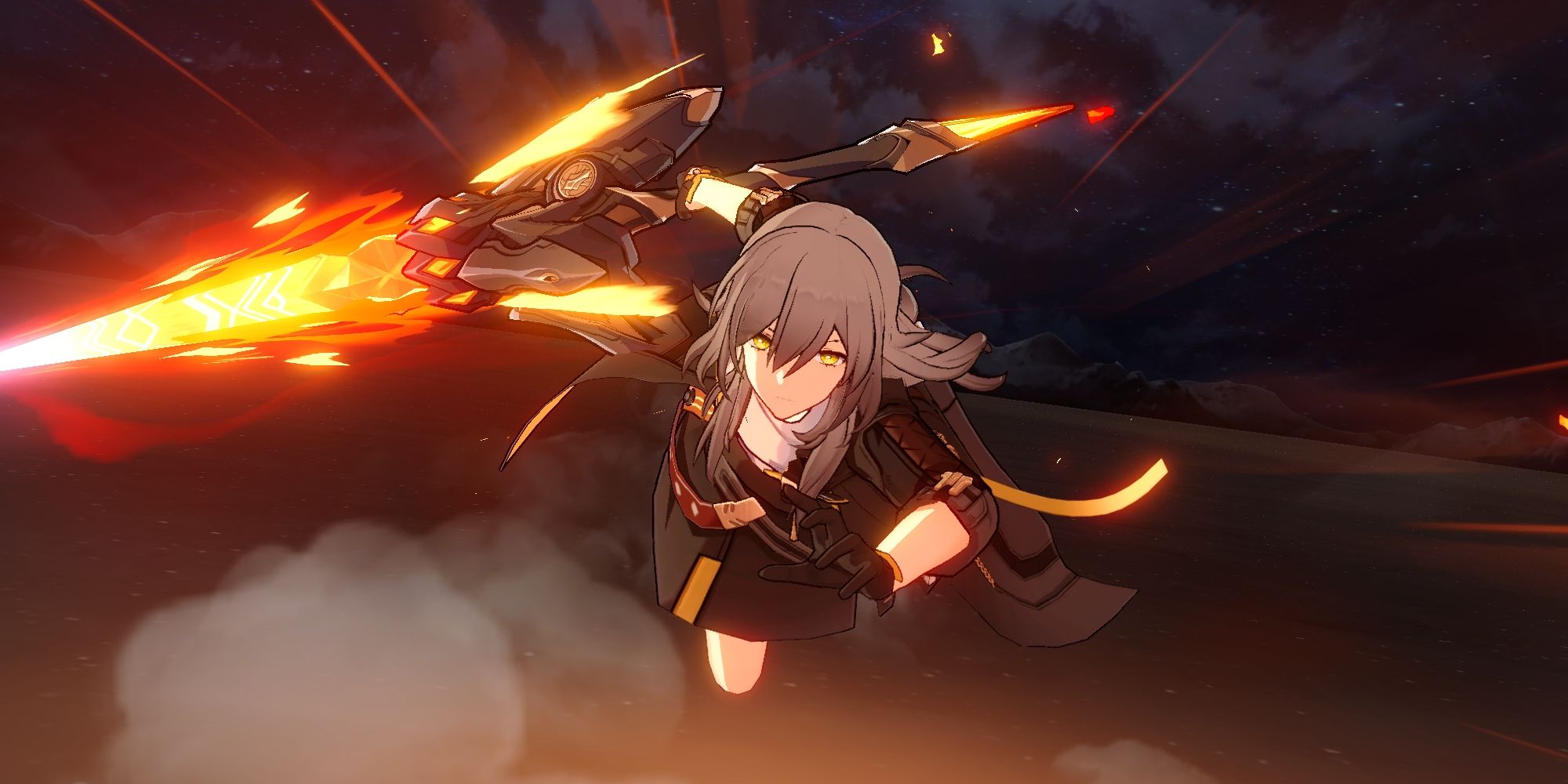 Honkai Star Rail's female Trailblazer charging toward the camer while holding a fiery spear in her right hand.