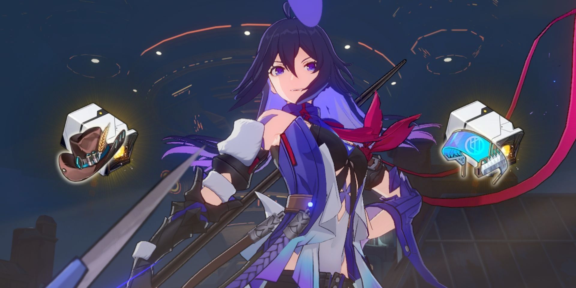 Honkai Star Rail's Seele strikes a pose in the middle while holding her scythe and smirking. On the left is a piece of the Musketeer of Wild Wheat Relic set, and on the right is a piece of the Genius of Brilliant Stars Relic set.