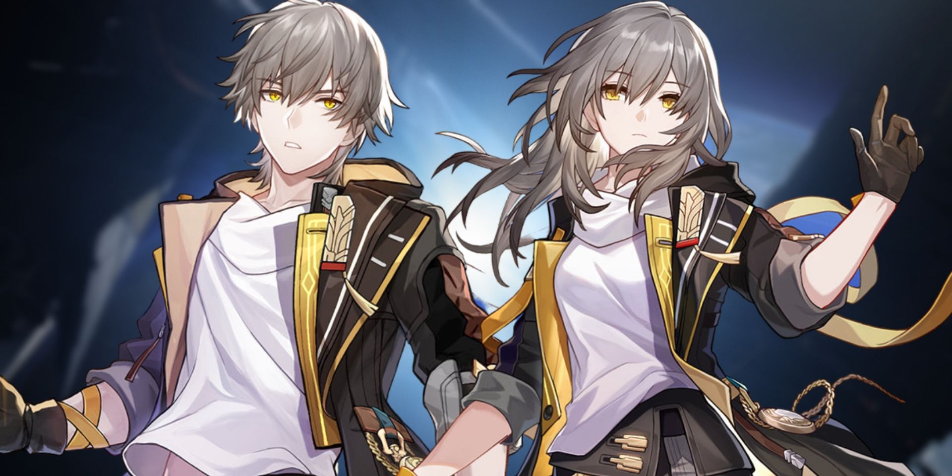 Honkai: Star Rail's male to the left Trailblazer and the female version to the right. Behind them is a light blue backlight.