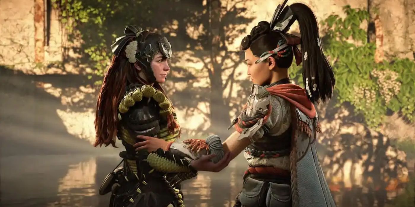 Aloy and Seyka hold each other in Horizon Forbidden West&rsquo;s Burning Shores DLC
