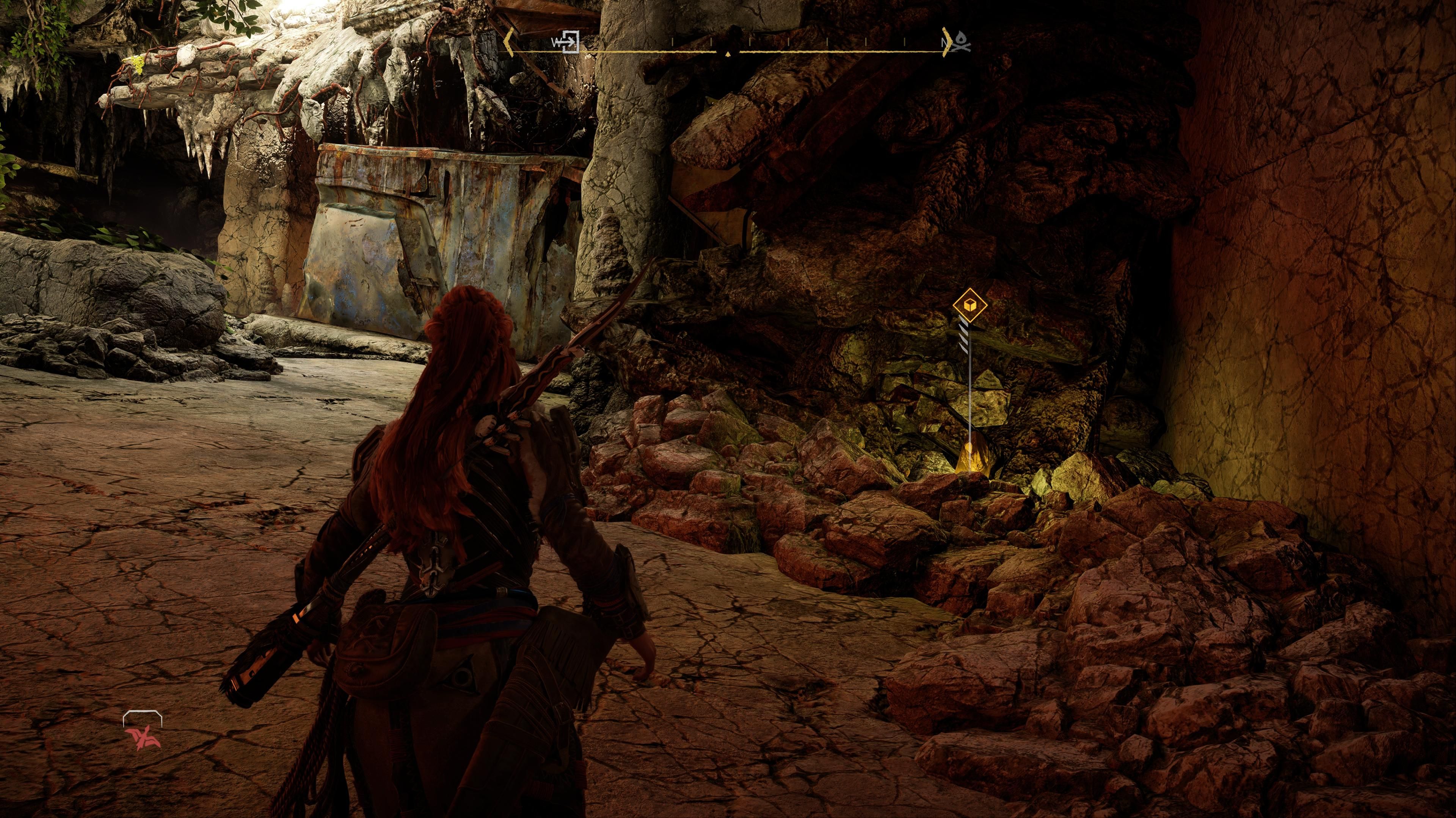 Horizon Forbidden West Burning Shores Aloy Looking At Brimshine Fragment In Murmuring Hollow Relic Ruin