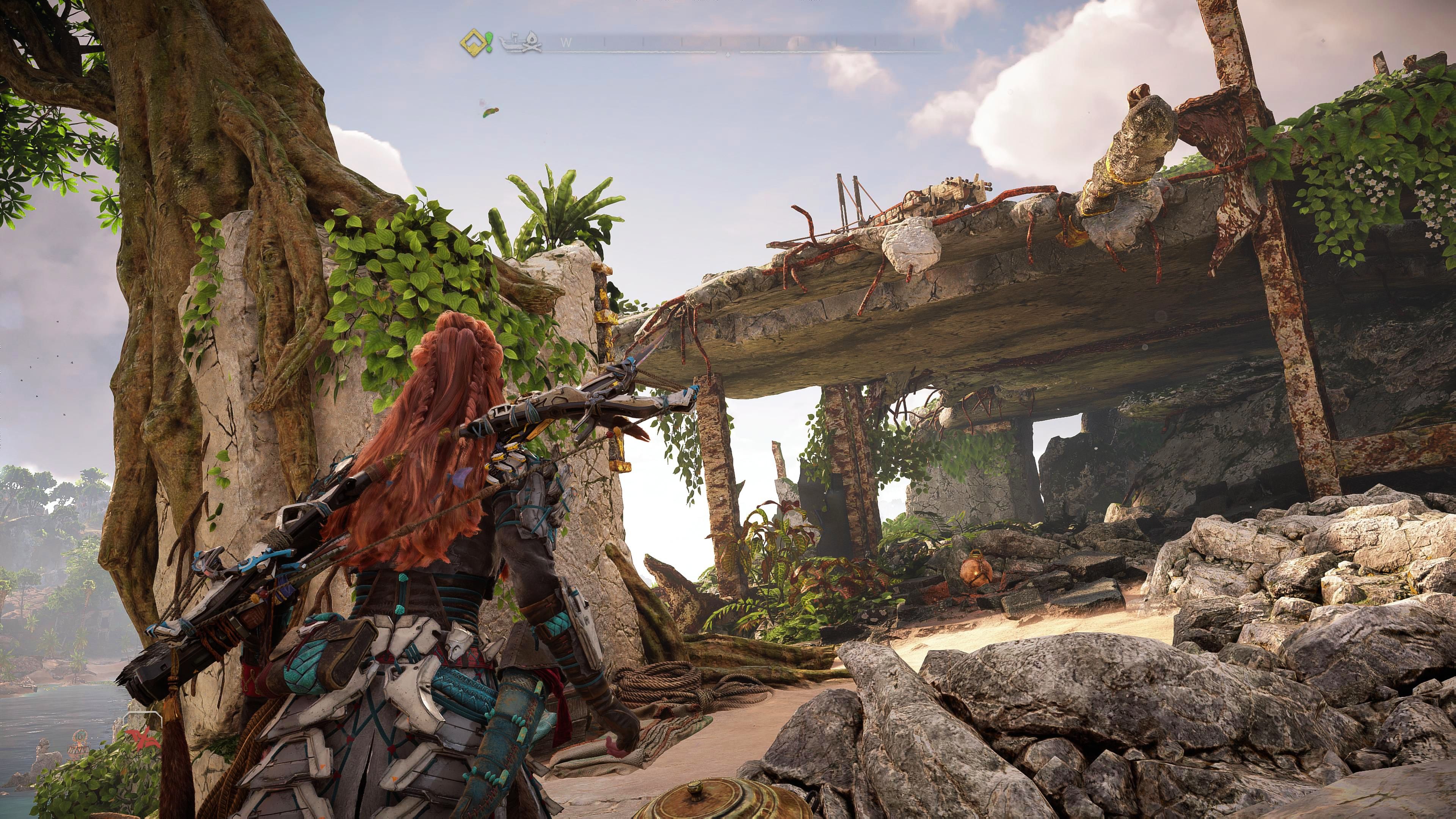 Horizon Forbidden West Burning Shores Aloy Looking At Climbing Puzzle For Fleet's End Key Module Puzzle