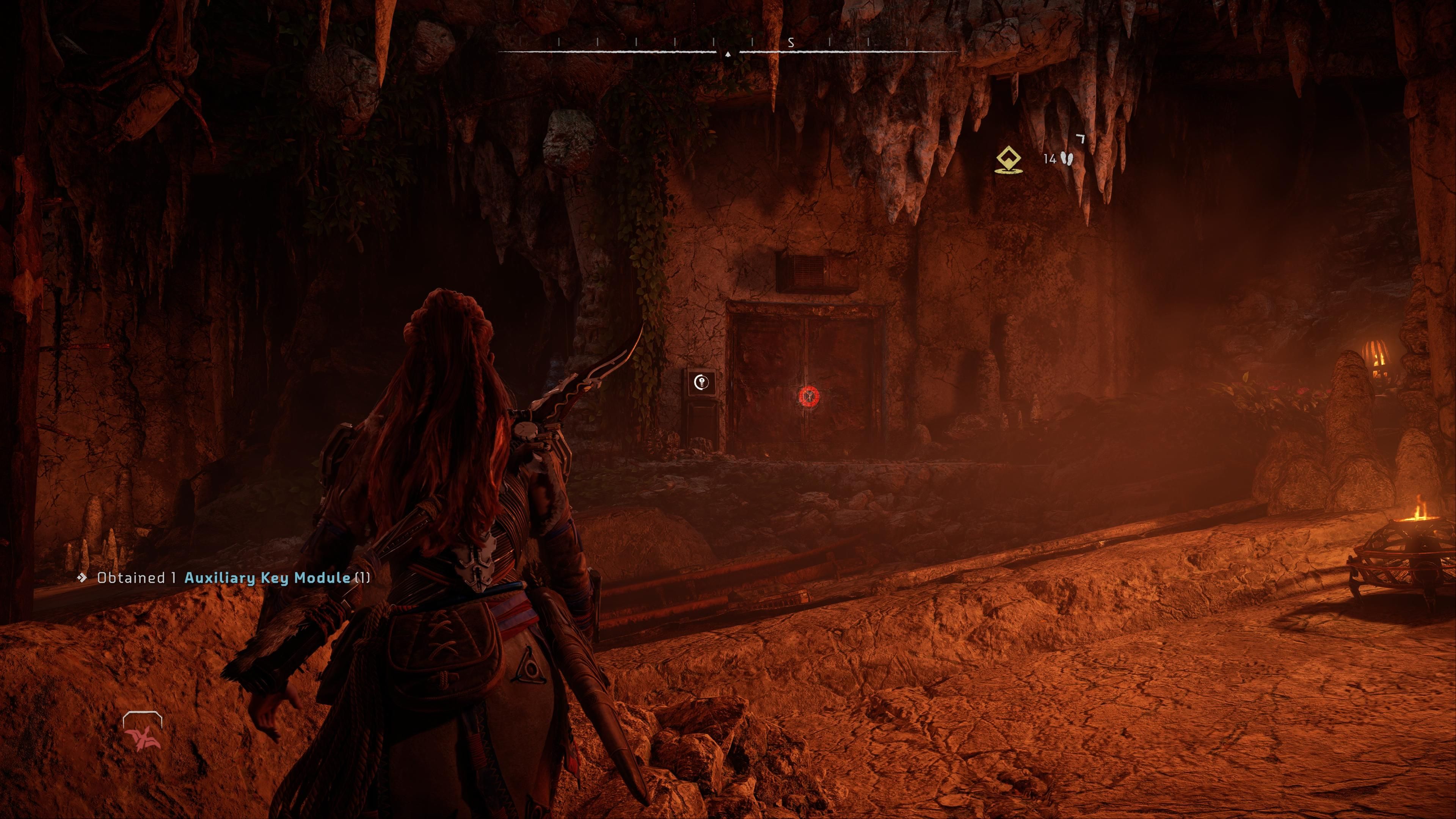 Horizon Forbidden West Burning Shores Aloy Looking At Locked Door In Murmuring Hollow Relic Ruin