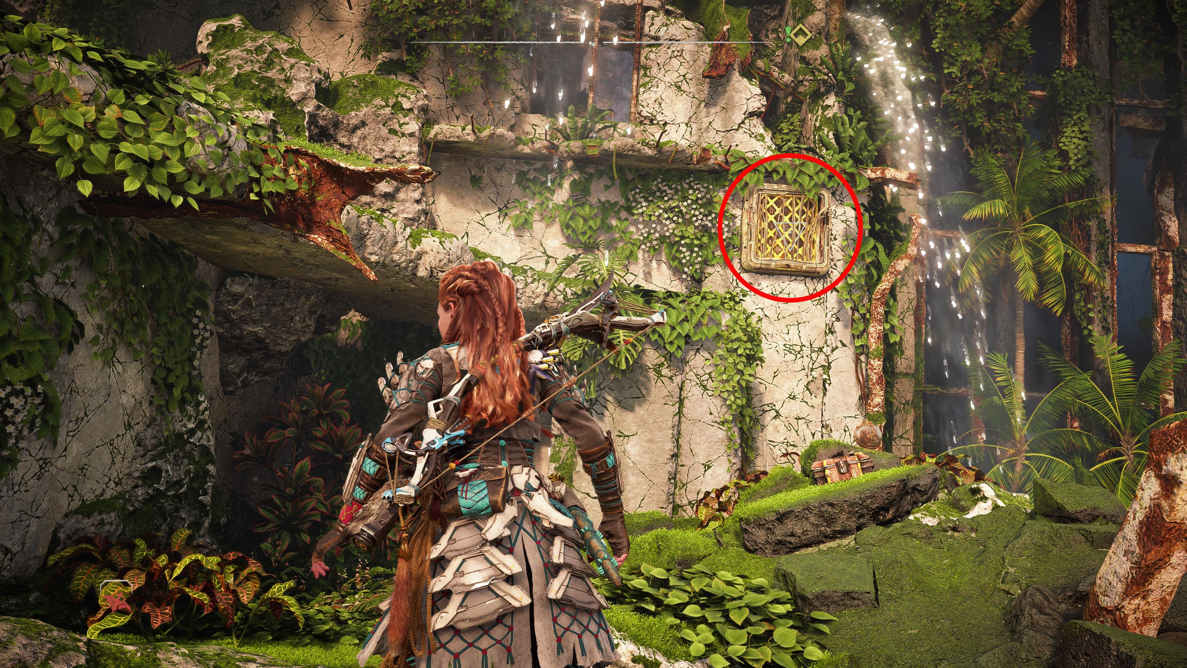 Horizon Forbidden West Burning Shores Aloy Looking At Pullcaster Vent For Fleet's End Key Module Puzzle