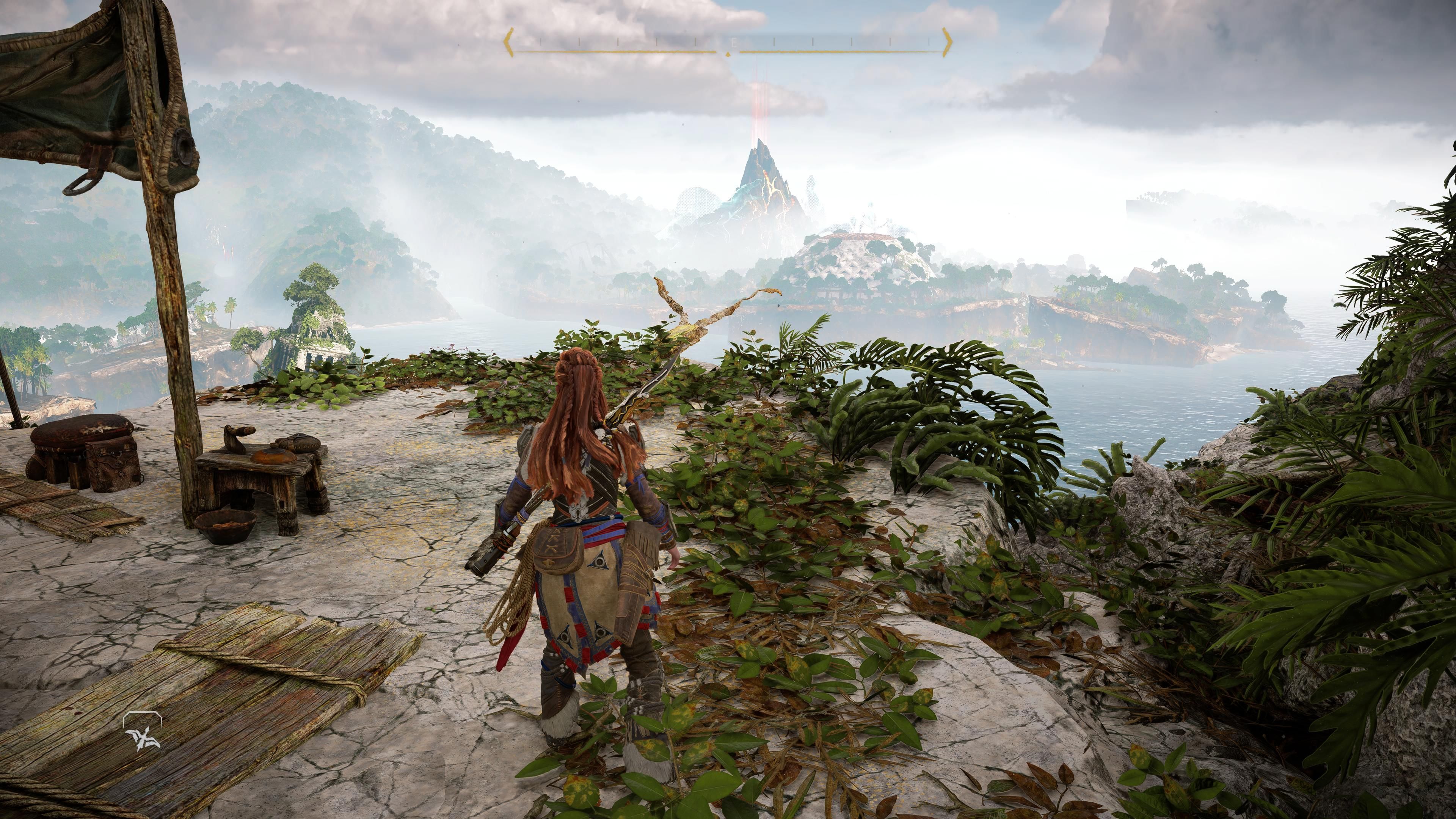 Horizon Forbidden West Burning Shores Aloy Looking At Rappel Point Outside Murmuring Hollow Relic Ruin